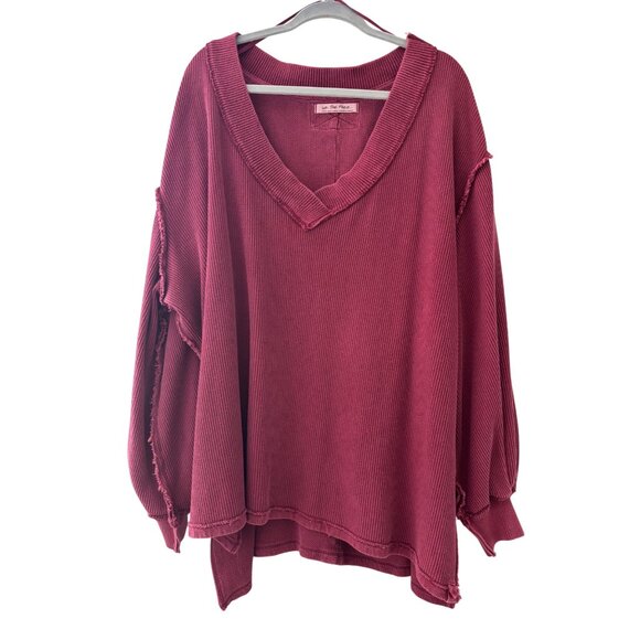 We The Free Asher Thermal Knit Oversized V-Neck Top Large Burgundy Ribbed - Picture 2 of 13